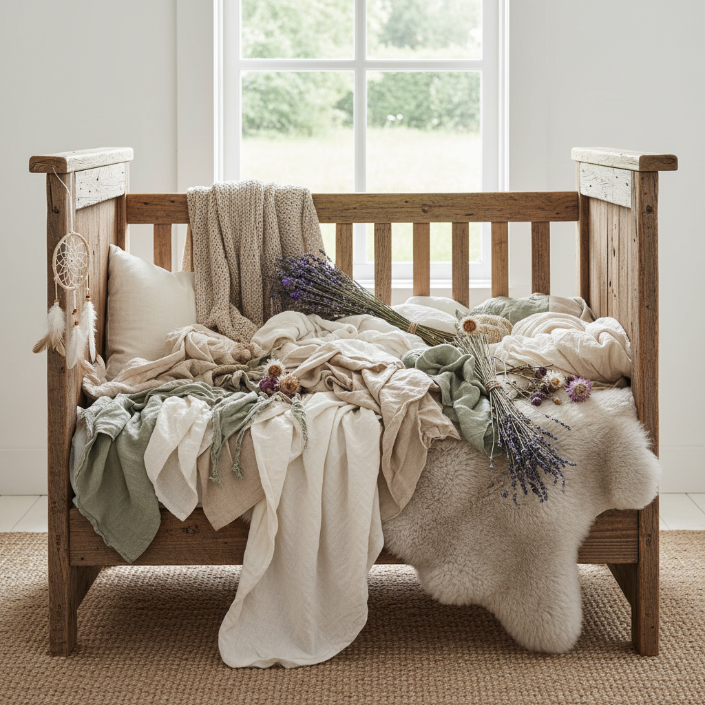 Rustic baby crib decorated with natural fabrics and dried flowers.