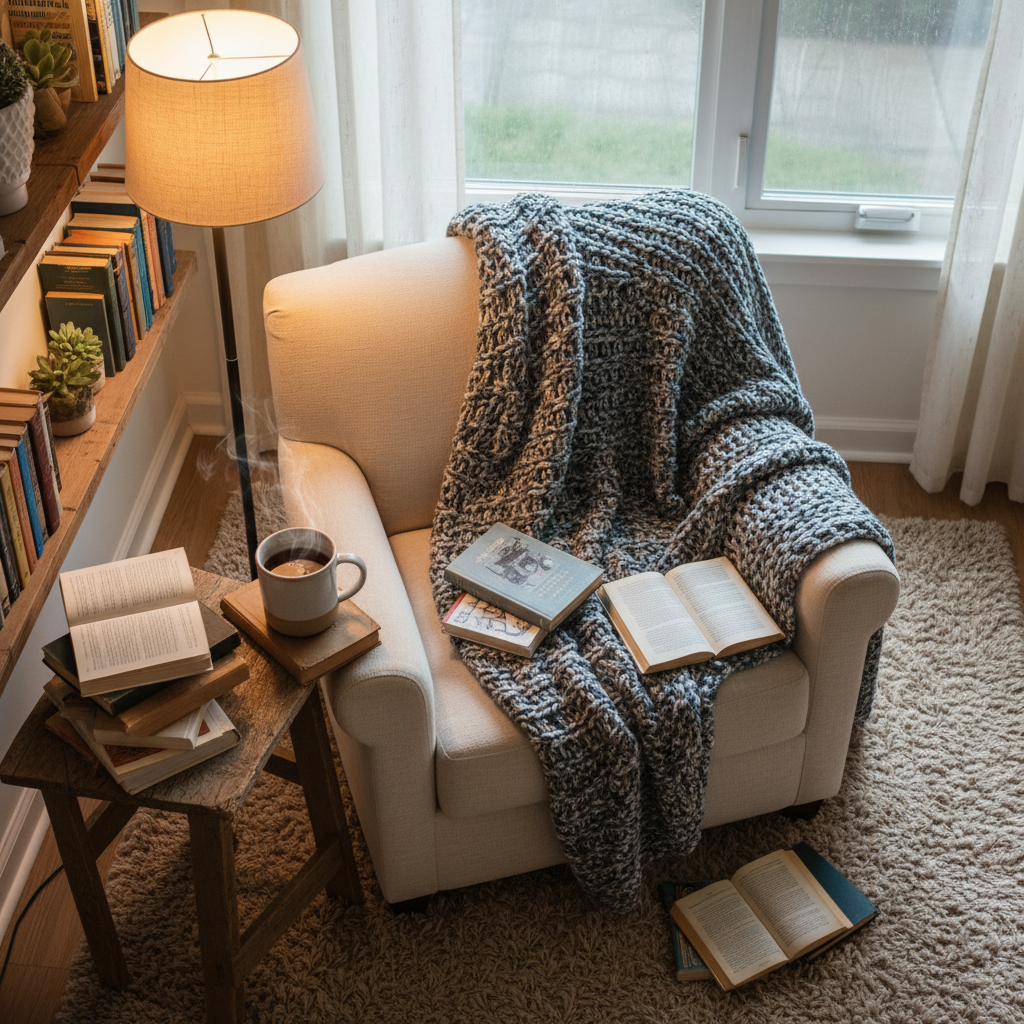 Cozy reading nook with books, blanket, and a warm drink.