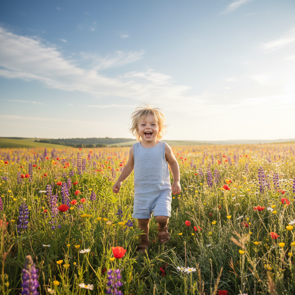 Child laughing in a sunny wildflower field.