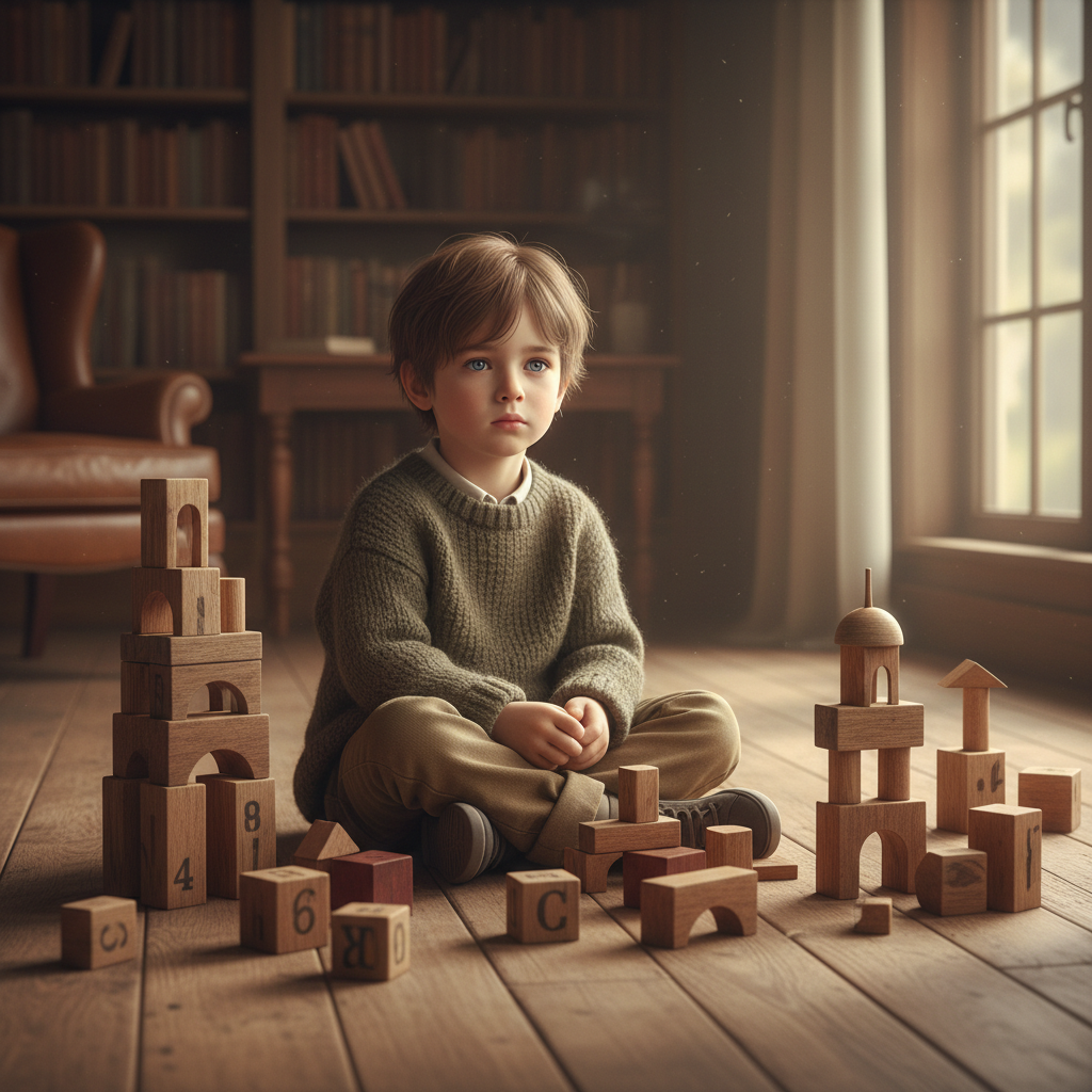 Boy with thoughtful eyes playing with antique blocks.