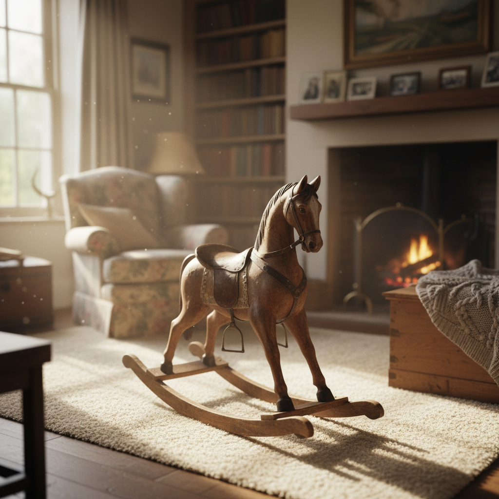 Antique wooden rocking horse in soft, sunlit room.