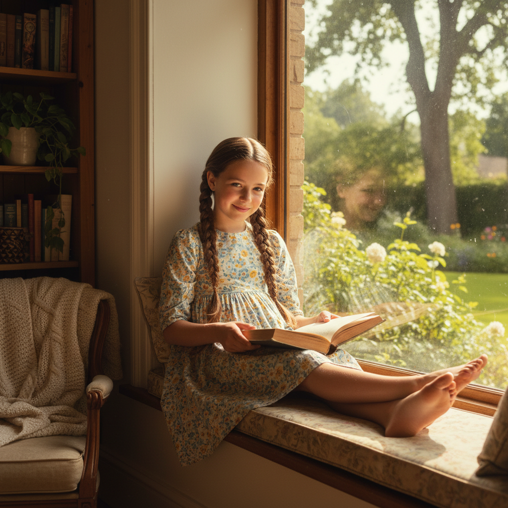 Young girl with braided hair in a sunlit window seat.
