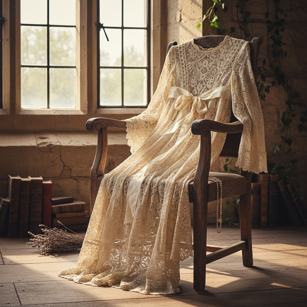 Antique lace christening gown on a rustic chair in sunlight.