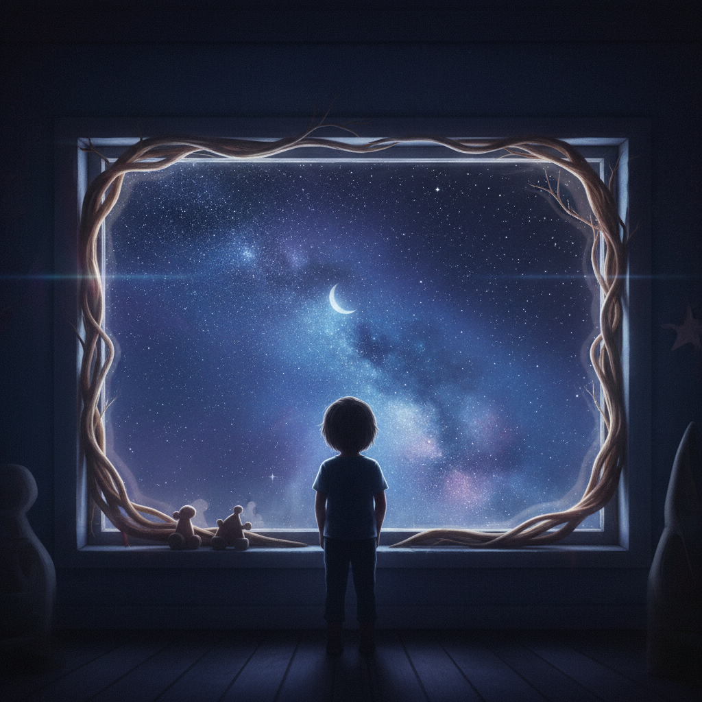Child's silhouette looking at a starry sky through a window.