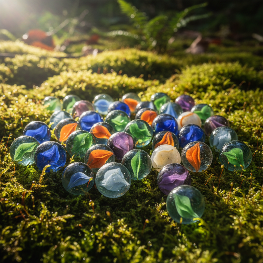 Colorful glass marbles on moss in dappled sunlight.